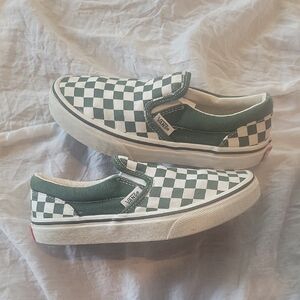 Vans Kids Size 1.5 Green and White Checkered Slip-On Sneakers